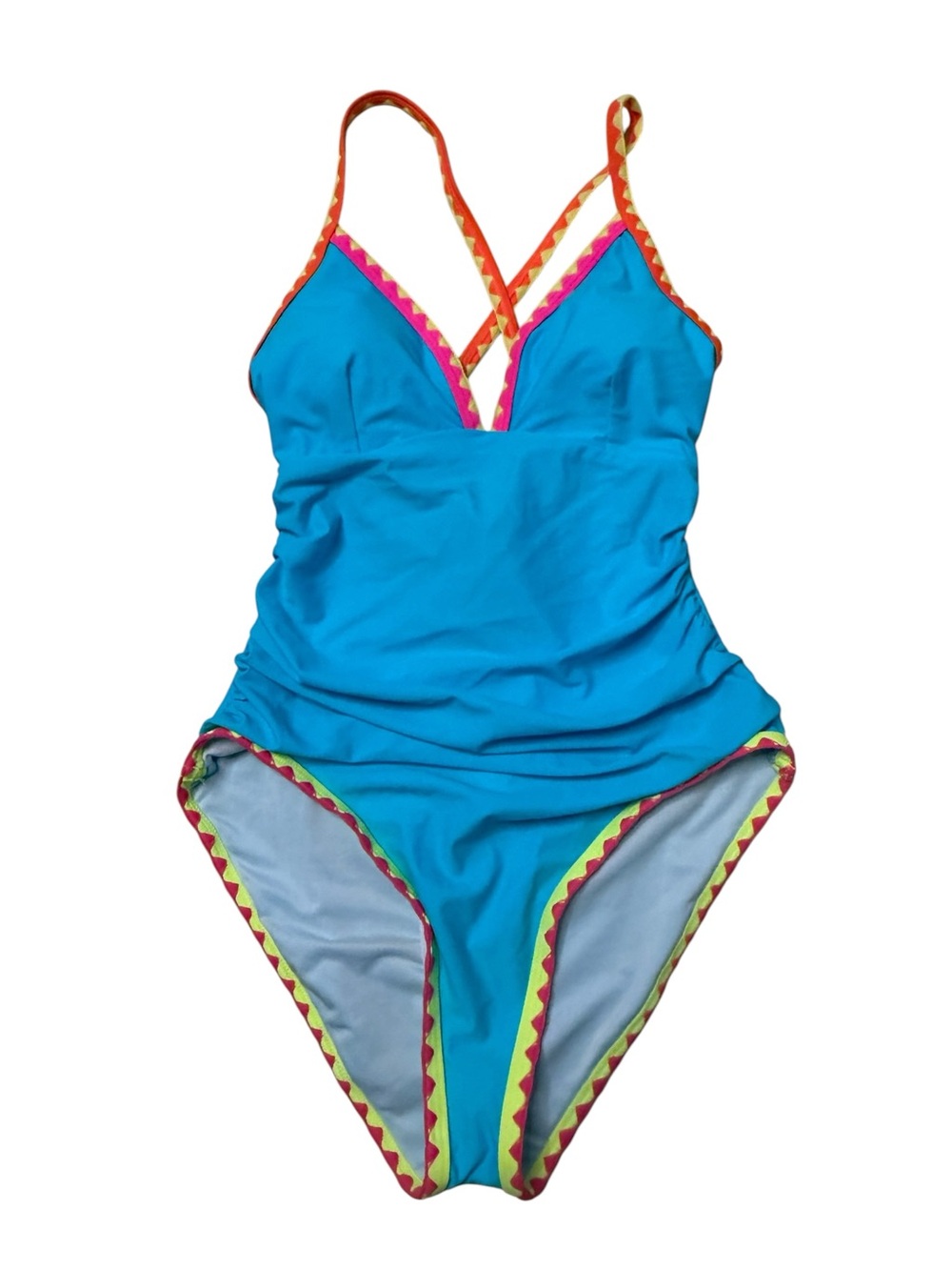 Turquoise One-Piece Swimsuit with Contrasting Pink Trim with Tummy Control - Picture 2 of 5